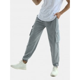 Mens Cotton Elastic Waist Multi Pocket Gery Jogger Pants