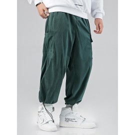 Mens Corduroy Solid Color Multi Pocket Drawstring Elastic Waist Cargo jogger Pants