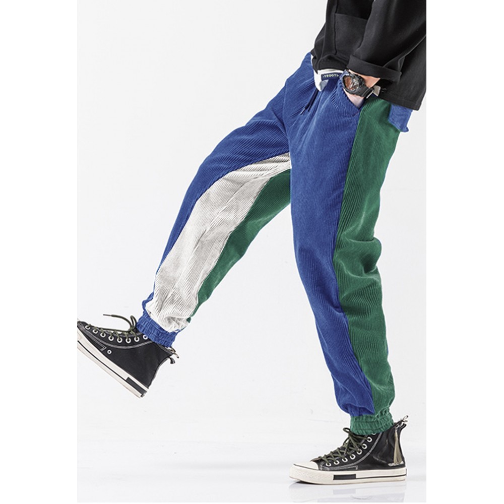 Corduroy Patchwork Pocket Loose Mid Waist Drawstring Jogger Pants For Men