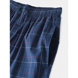 Cotton Mens Simple Plaid Print Pocket Drawstring Home Pajama Pants