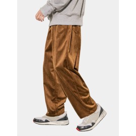 Mens Corduroy Cotton Applique Solid Loose Casual Elastic Waist Pants