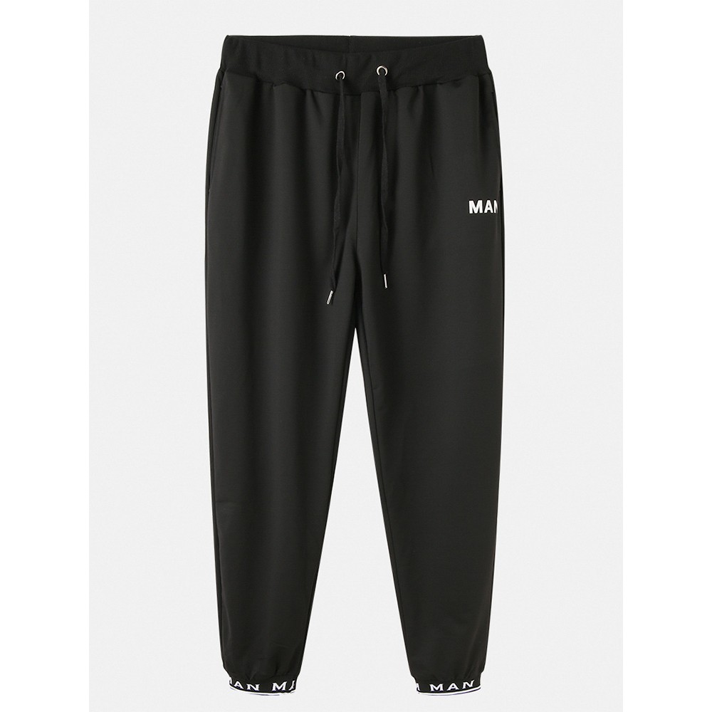 Mens Cotton Letter Print Black Drawstring Sport Black Jogger Pants With Pocket