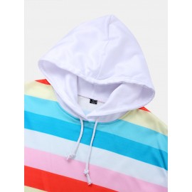 Mens Colorful Horizontal Stripes Loose Fit Drawstring Hoodies With Kangaroo Pocket