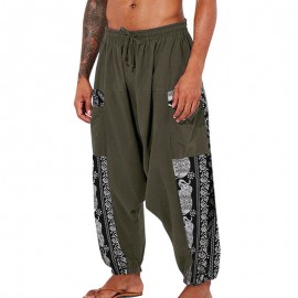 Men Cotton Drawstring Pants Linen Floral Printed Pocket Casual Loose Trousers Long Harem Pants Sport Hiking