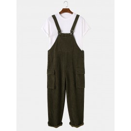 Mens Corduroy Solid Color Side Pocket Sleeveless Loose Jumpsuits