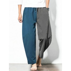 Mens 100% Cotton Patchwork Elastic Waist Pants