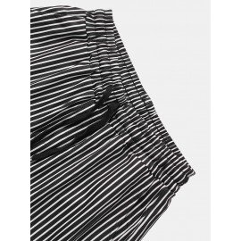 Mens Classic Stripe Print Pocket Drawstring Casual Pants