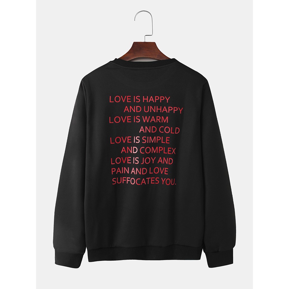 Mens Back Texting Print Cotton Crew Neck Loose Casual Sweatshirts