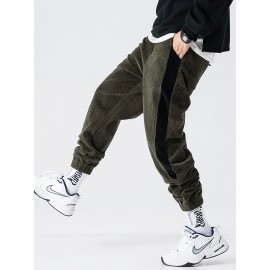 Mens Corduroy Side Stripe Draswstring Jogging Casual Pants With Pocket