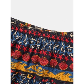 Mens 100% Cotton Vintage Print Loose Drop-Crotch Pants With Pocket