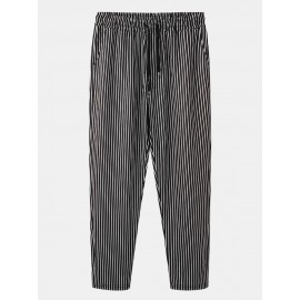 Mens Classic Stripe Print Pocket Drawstring Casual Pants