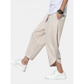 Mens Cotton Drawstring Solid Color Casual Calf Length Pants