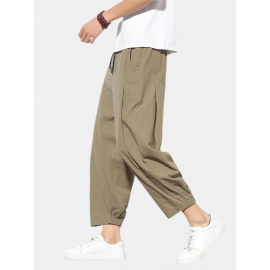 Mens Cotton Solid Color Loose Casual Elastic Drawstring Waist Harem Pants