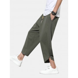 Mens Cotton Drawstring Solid Color Casual Calf Length Pants