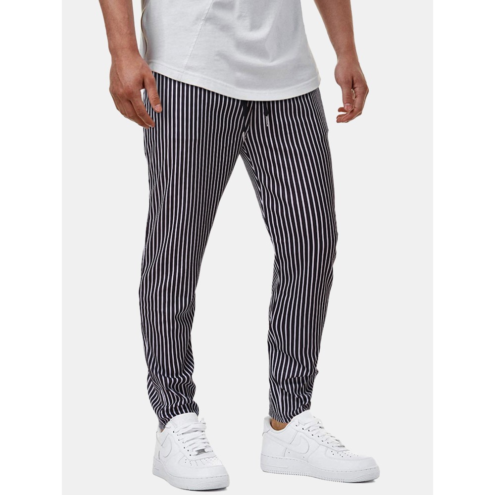 Mens Classic Stripe Print Pocket Drawstring Casual Pants