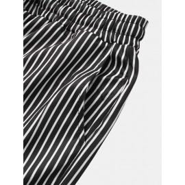 Mens Classic Stripe Print Pocket Drawstring Casual Pants