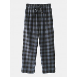 Cotton Mens Simple Plaid Print Pocket Drawstring Home Pajama Pants