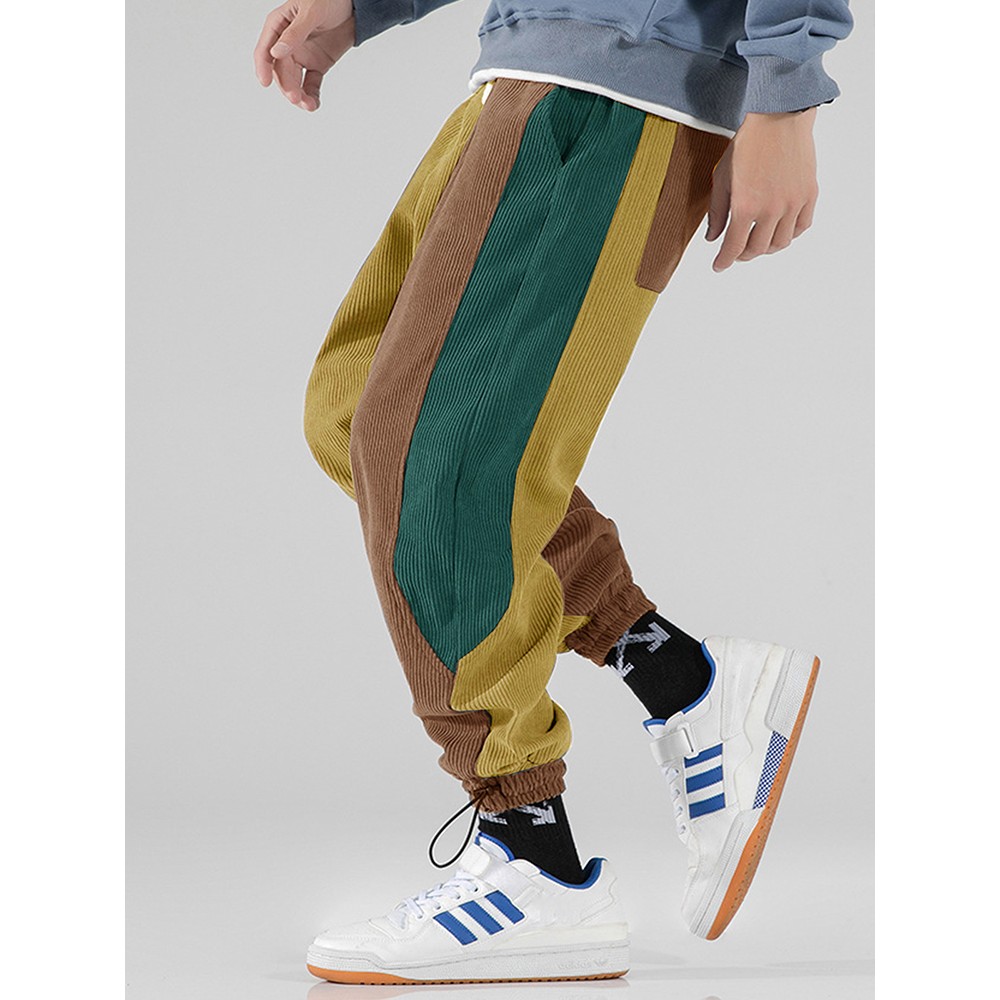 Mens Corduroy Tricolor Patchwork Pocket Drawstring Jogger Pants