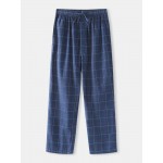 Cotton Mens Simple Plaid Print Pocket Drawstring Home Pajama Pants