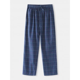 Cotton Mens Simple Plaid Print Pocket Drawstring Home Pajama Pants