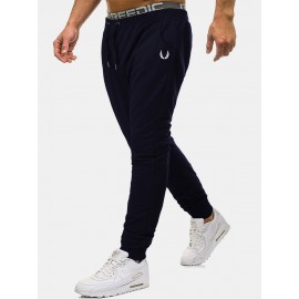 Cotton Mens Solid Color Print Pocket Drawstring Sport Jogger Pants