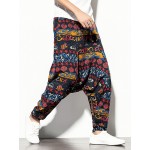 Mens 100% Cotton Vintage Print Loose Drop-Crotch Pants With Pocket