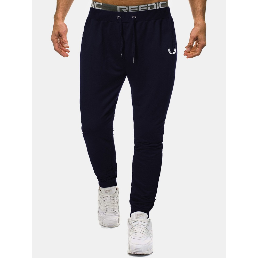 Cotton Mens Solid Color Print Pocket Drawstring Sport Jogger Pants