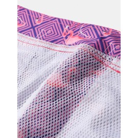 Mens Argyle Vintage Print Flamingo Pattern Drawstring Mesh Linning Board Shorts