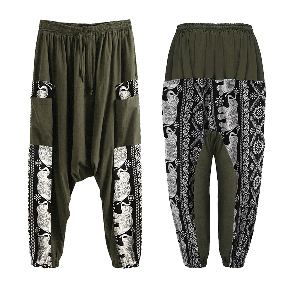 Men Cotton Drawstring Pants Linen Floral Printed Pocket Casual Loose Trousers Long Harem Pants Sport Hiking