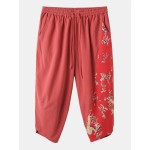 Mens 100% Cotton Breathable Dragon Print Calf Length Pants