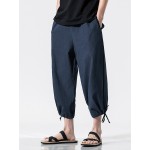 100% Cotton Simple Solid Color Pocket Drawstring Casual Pants