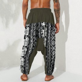 Men Cotton Drawstring Pants Linen Floral Printed Pocket Casual Loose Trousers Long Harem Pants Sport Hiking