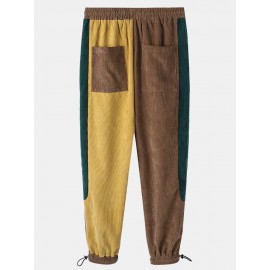 Mens Corduroy Tricolor Patchwork Pocket Drawstring Jogger Pants