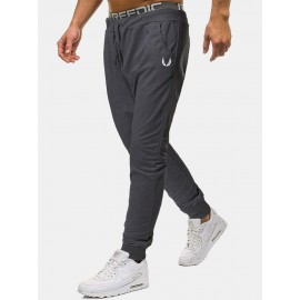 Cotton Mens Solid Color Print Pocket Drawstring Sport Jogger Pants