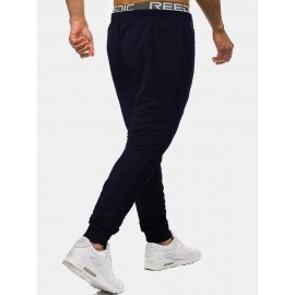 Cotton Mens Solid Color Print Pocket Drawstring Sport Jogger Pants