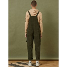 Mens Corduroy Solid Color Side Pocket Sleeveless Loose Jumpsuits