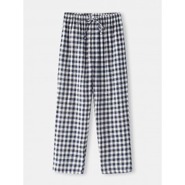 Cotton Mens Plaid Print Drawstring Home Casual Pajama Pants With Pocket