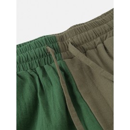 Mens 100% Cotton Color Block Elastic Waist Breathable Casual Pants