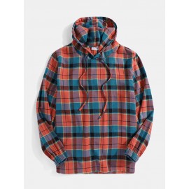 Mens 100% Cotton Plaid Elastic Cuff Design Casaul Drawstring Hoodies