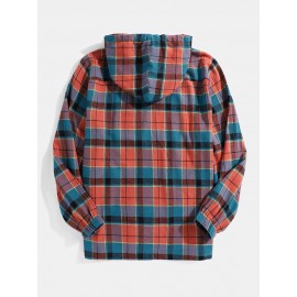 Mens 100% Cotton Plaid Elastic Cuff Design Casaul Drawstring Hoodies