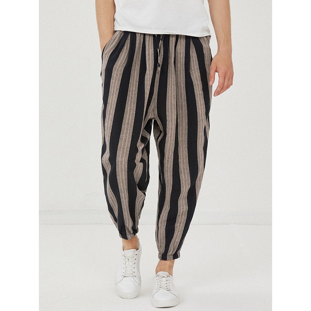 Mens 100% Cotton Stripe Casual Drawstring Beam Feet Pants