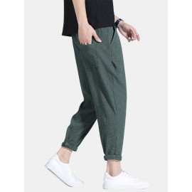 Cotton Mens Solid Drawstring Pocket Texture Casual Pants