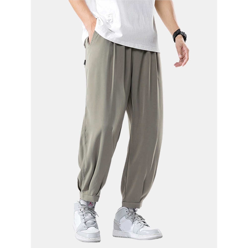 Mens Casual Loose Thin Solid Color Casual Drawstring Elastic Waist Pants