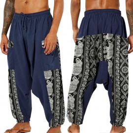 Men Cotton Drawstring Pants Linen Floral Printed Pocket Casual Loose Trousers Long Harem Pants Sport Hiking