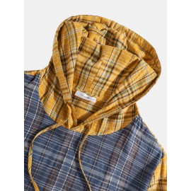 Mens 100% Cotton Contrast Plaid Patchwork Elastic Cuff Drawstring Hoodies