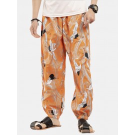 5 Colors Mens Chinese Style Oriental Crane Print Inside Drawstring Casual Pants