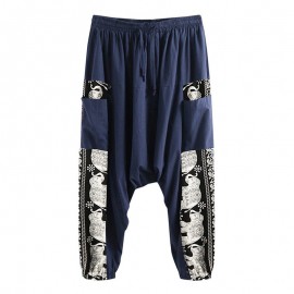 Men Cotton Drawstring Pants Linen Floral Printed Pocket Casual Loose Trousers Long Harem Pants Sport Hiking