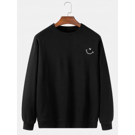 Mens Cotton Plain Smile Face Embroidery Relaxed Fit Pullover Sweatshirts