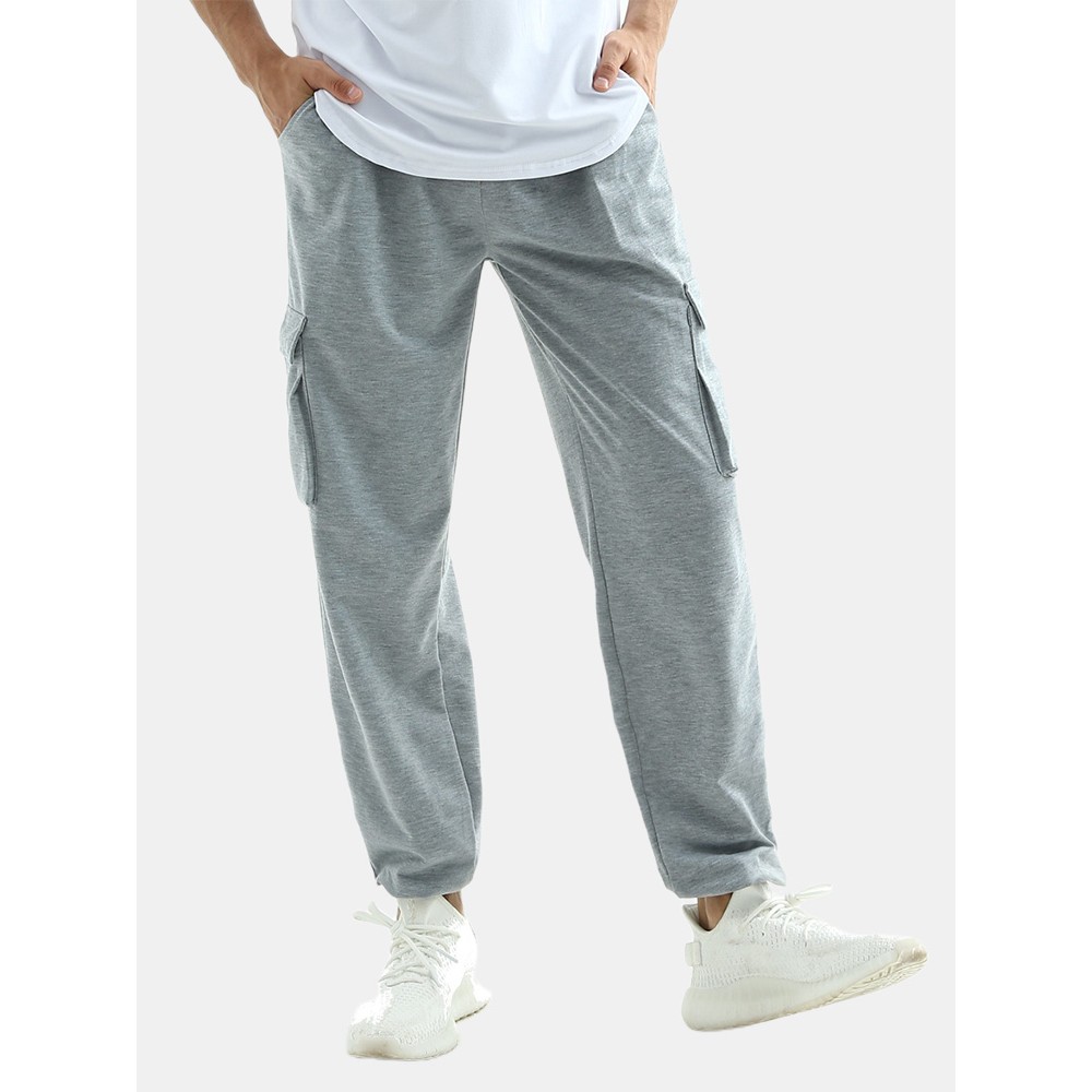 Mens Cotton Elastic Waist Multi Pocket Gery Jogger Pants