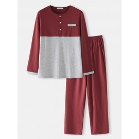 Mens Cotton Colorblock Half Button Loose Home Casual Warm Long Sleeve Pajamas Set